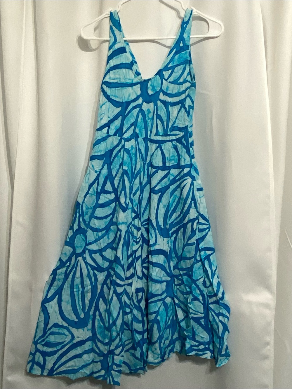 Jams World Hawaiian Sleeveless Midi Dress Blue & White Tie Dye Floral Sz Small